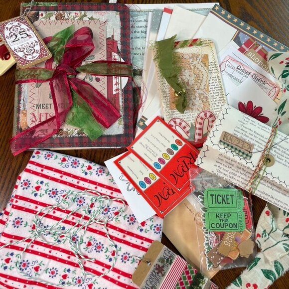 Christmas Junk Journal Includes Charm u Washi  Fabric Wrap Tons Ephemera Handmad - Picture 4 of 16